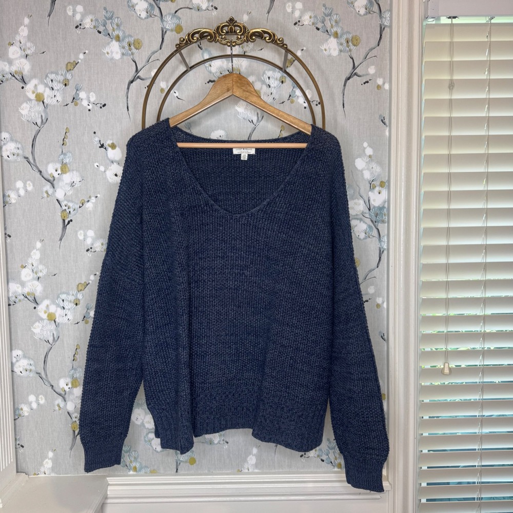 Lucky Brand Womens Navy Blue Marl Knit V-Neck Cotton Blend Sweater Size Large